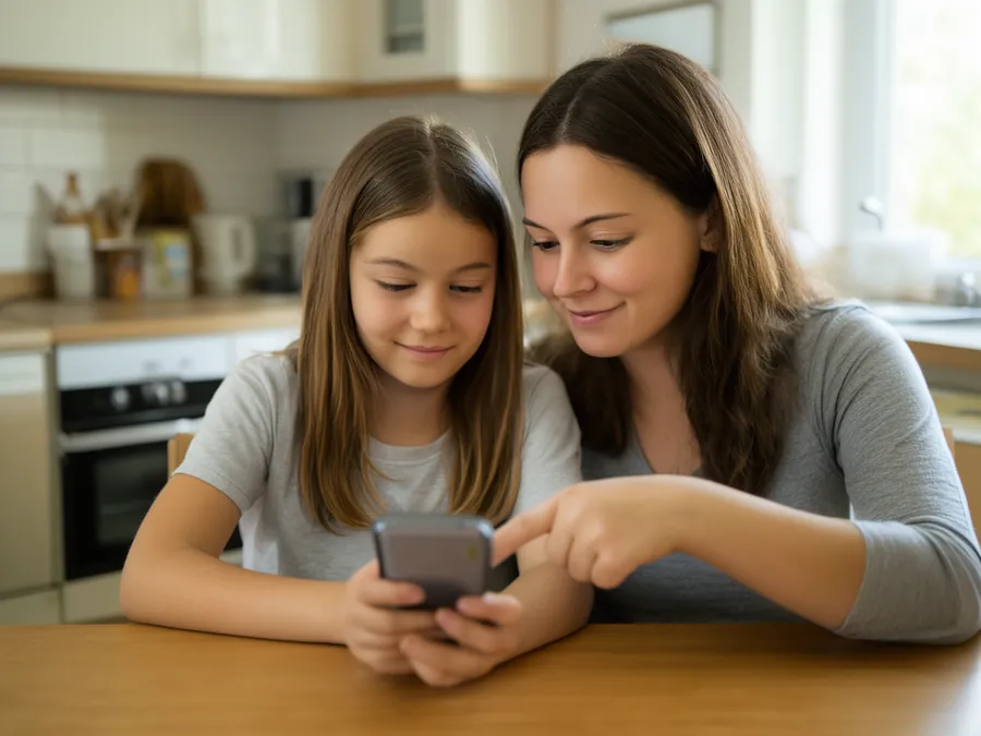 Mama i córka razem ustawiają telefon